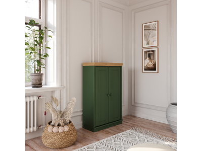 Estante de madeira com 1,19 m na cor verde e cera natural com duas portas maciças / Coleção biblioteca